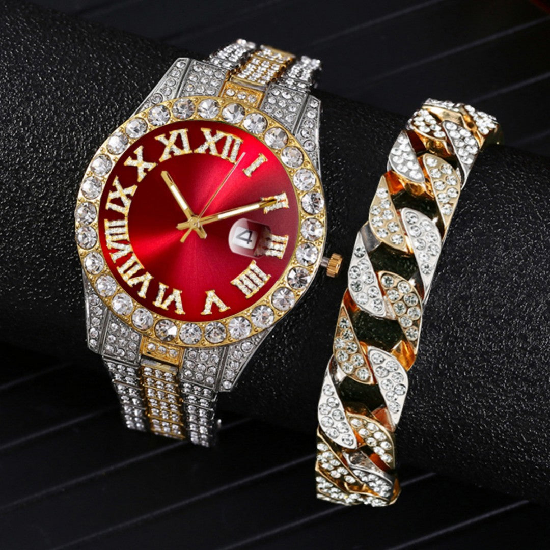 Classy Mens Two-Toned - Stainless Steel - Quartz Movement - Merlot Red - Roman Subdial Watch & 7 Inch Miami Bling Bracelet - Designer Set