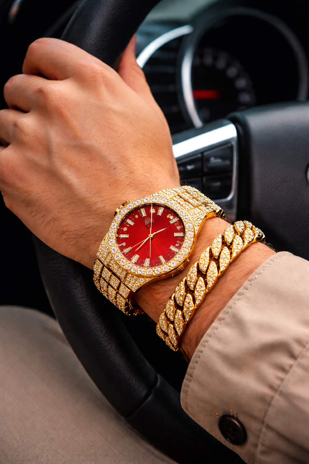 Classy Mens Two-Toned - Stainless Steel - Quartz Movement - Merlot Red - Roman Subdial Watch & 7 Inch Miami Bling Bracelet - Designer Set