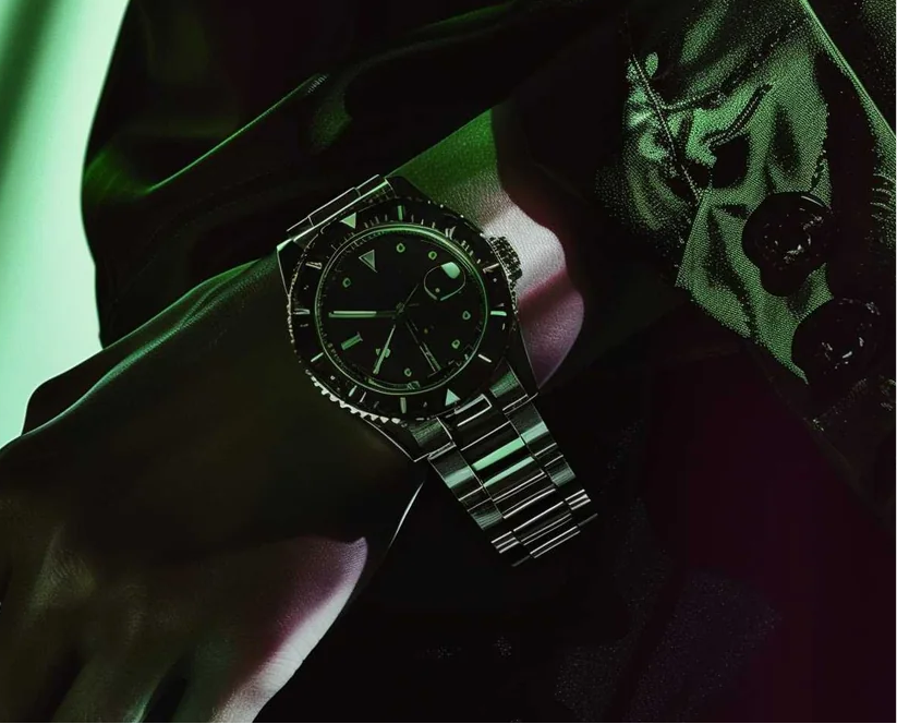 Close-up of a wrist wearing a black watch with a dark strap against a greenish background.