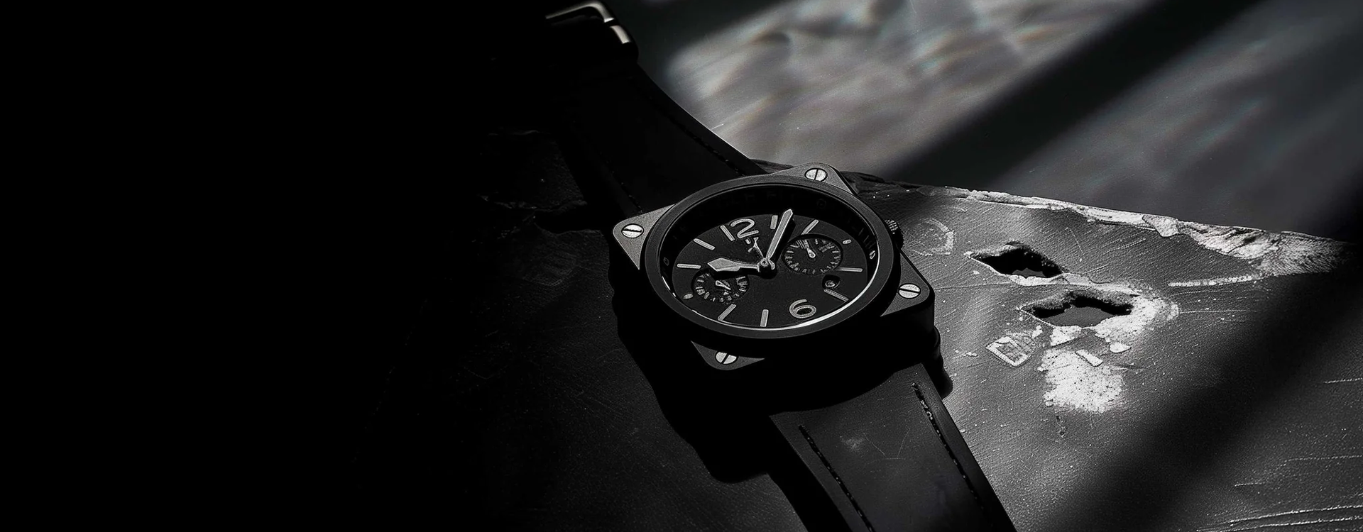 Black wristwatch on a dark surface with a blurred background