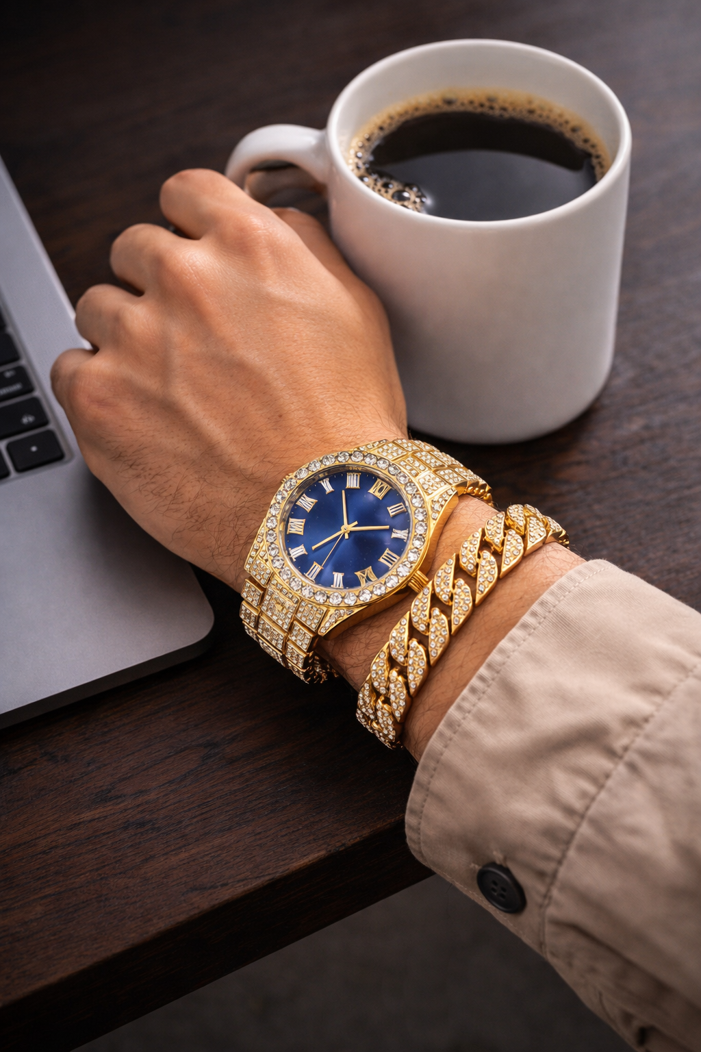 Classy Mens Two-Toned - Stainless Steel - Quartz Movement - Merlot Red - Roman Subdial Watch & 7 Inch Miami Bling Bracelet - Designer Set