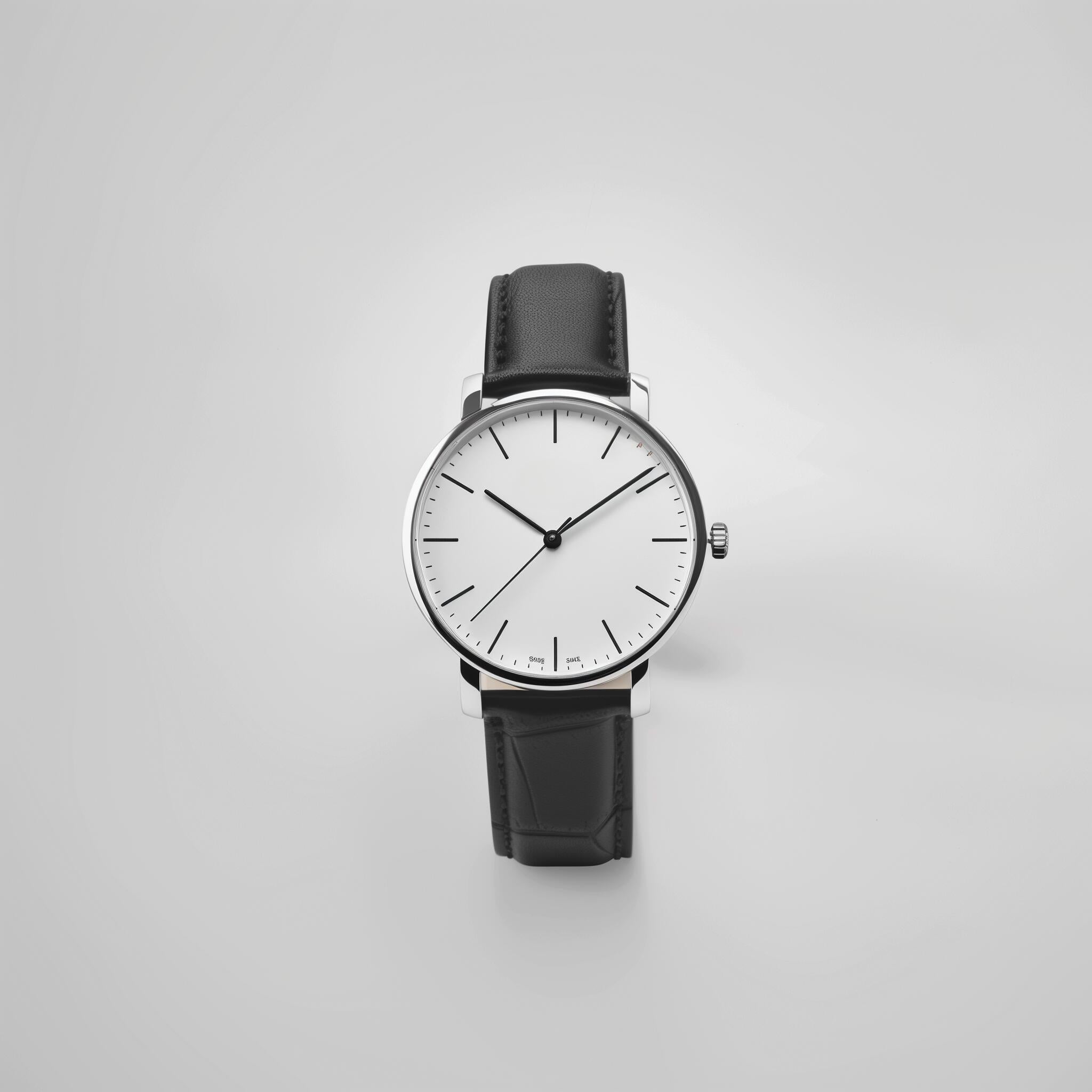 Wristwatch with black leather strap and white dial on a light gray background