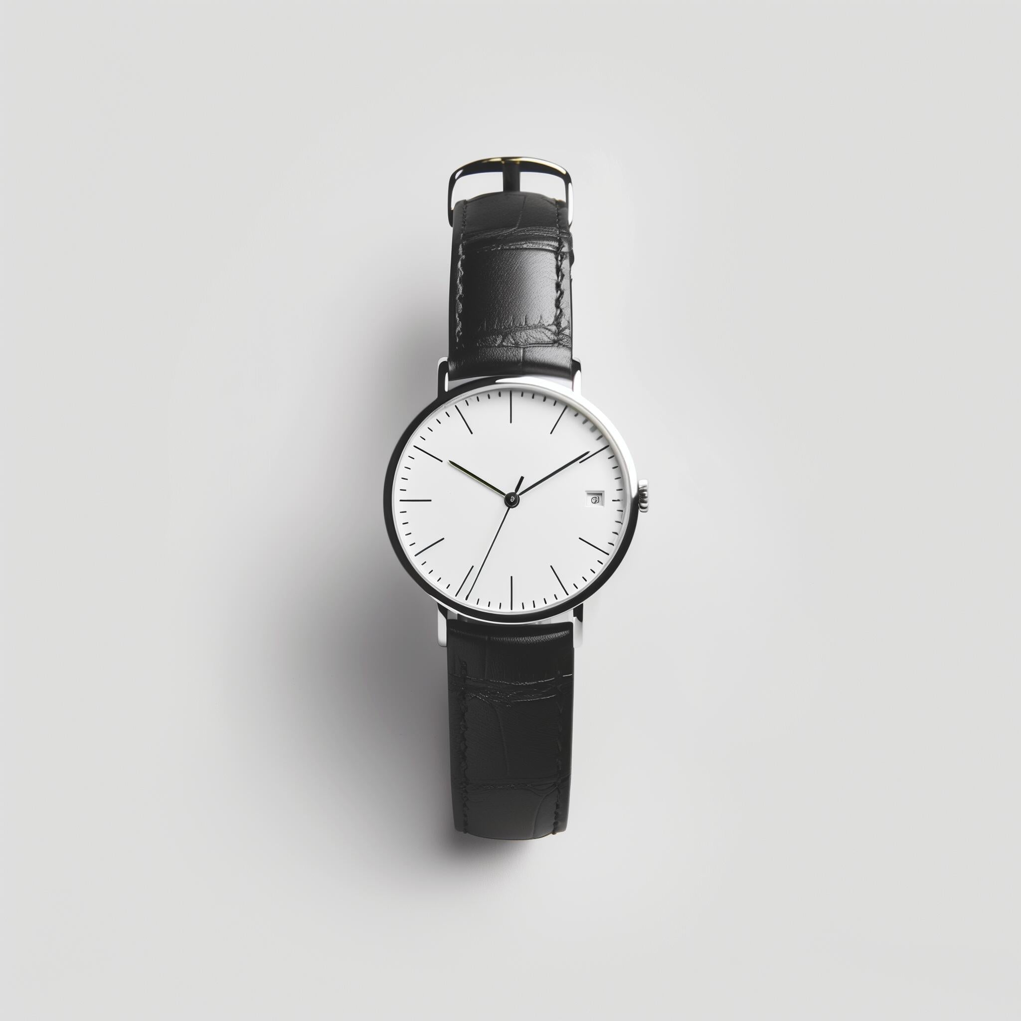 Wristwatch with black leather strap and white dial on a light gray background