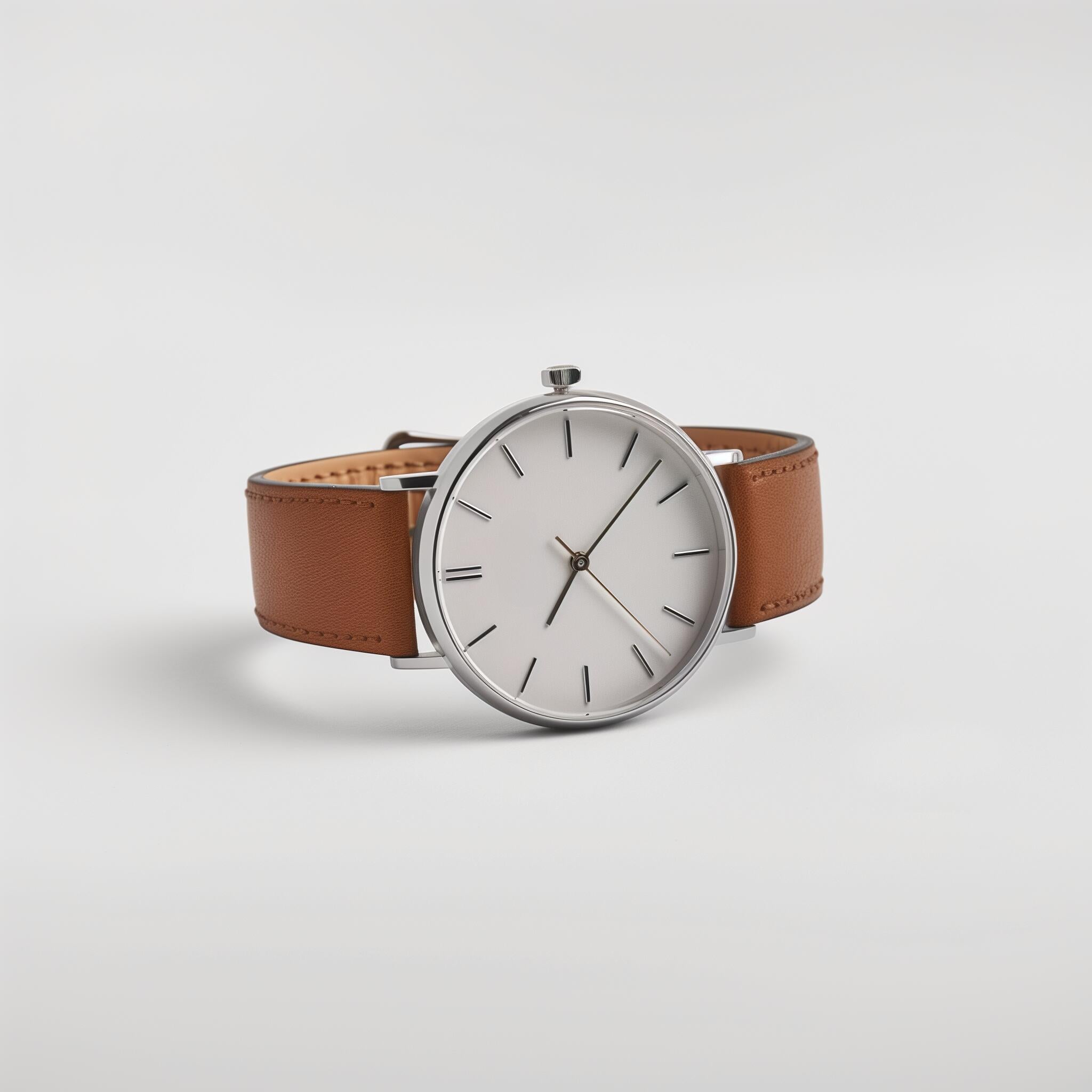 Wristwatch with brown leather strap and silver case on a light gray background