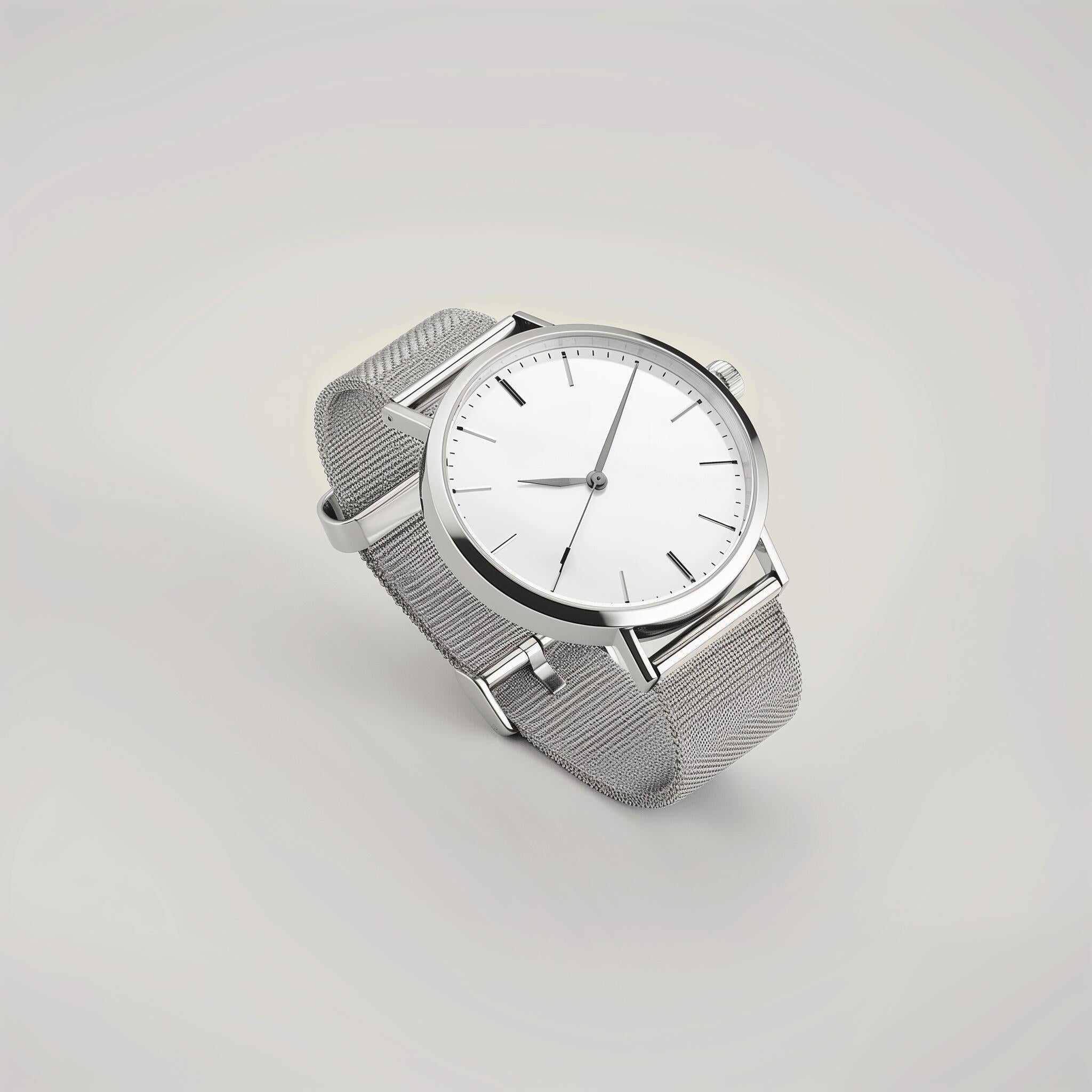 Silver watch with a white face on a light gray background