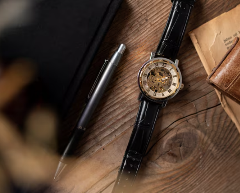 Black wristwatch with leather strap on a wooden surface next to a pen and book